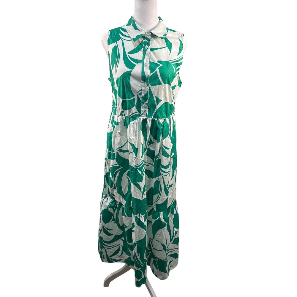 Tahari Arthur‎ S. Levine Green White Tropical Leaf Tiered Shirt Midi Dress Small
